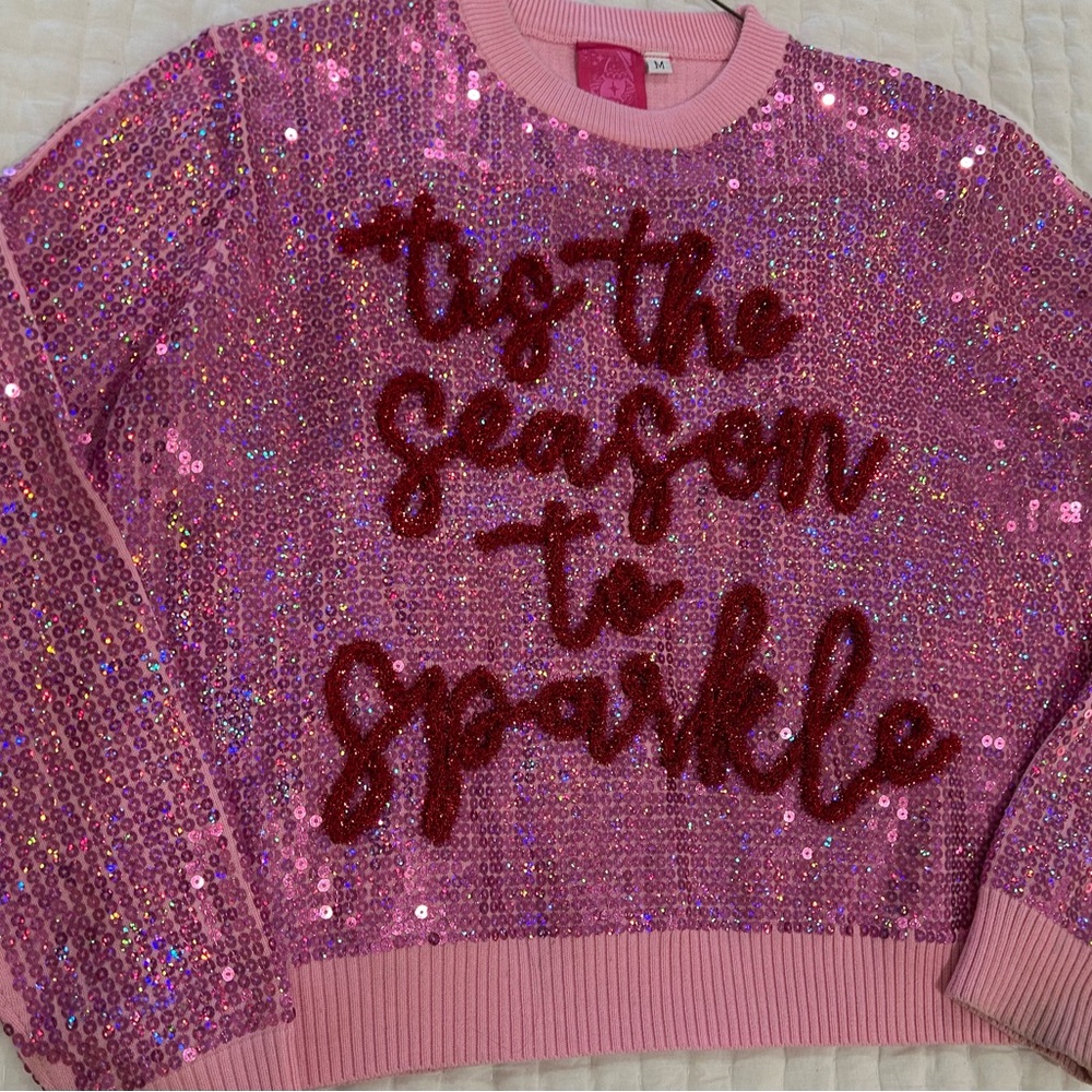 QUEEN OF SPARKLES Pink Sequin Crew Neck